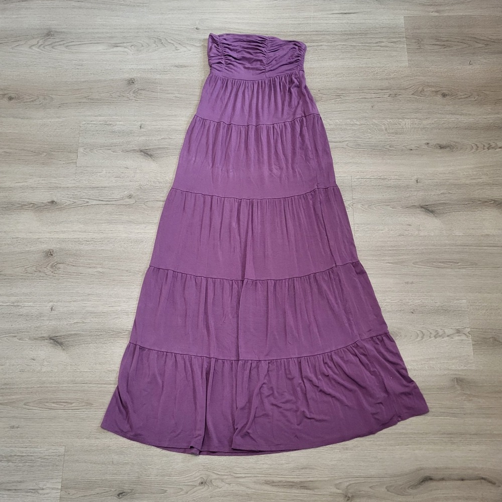 Guess Purple Strapless Tiered Maxi Dress Ruched Smocked M Y2K Boho Long Vacation
